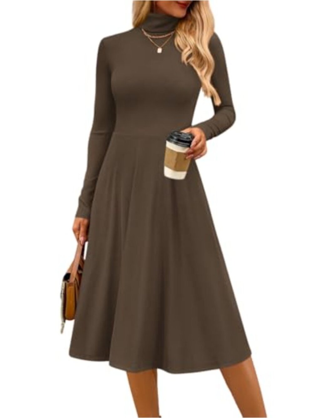 Ribbed Knit High Neck Long Sleeve Midi A-Line Flare Dress
